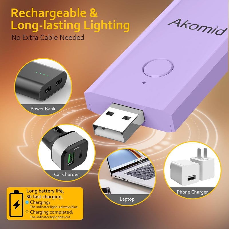 Akomid USB Rechargeable Book Light for Reading in Bed, 8 LEDs Bookmark Style Clip on, Eye-Cared Amber Light Mode for Kids, Blue Light Blocking, Stepless Dimming, Purple - Image 5